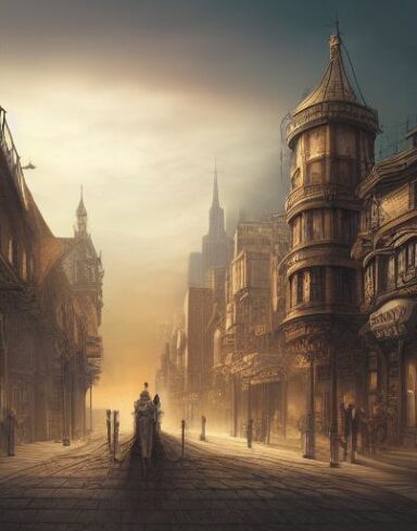 A painting of a city with a clock tower