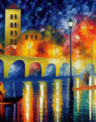 A painting of a city with human fishing near the river