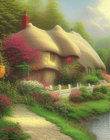 A painting of a cottage by a river with greenery