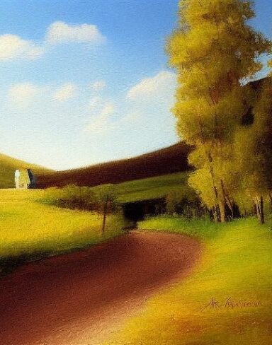 A painting of a country road with a river nearby