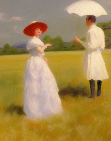 A painting of a couple in a field