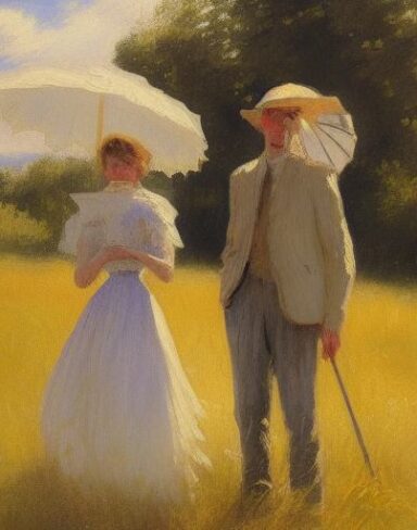 A painting of a couple in a grassland
