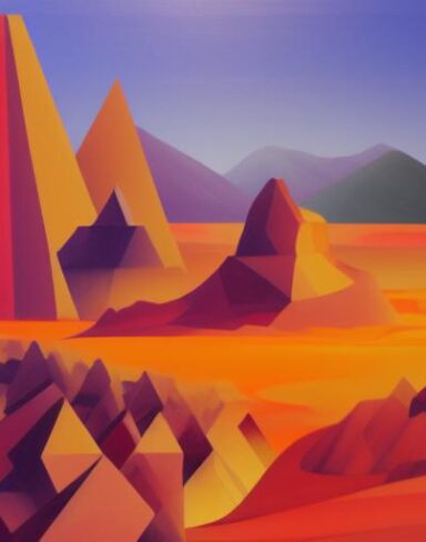 A painting of a desert in the background