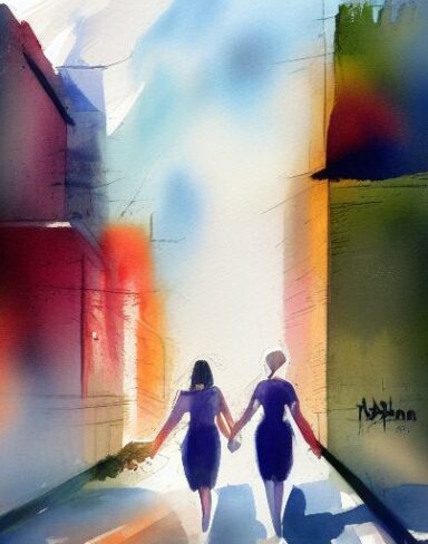 A painting of a family walking down a city street