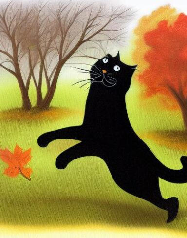 A painting of a giant black cat running in the autumn forest