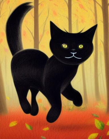 A painting of a giant black cat running in the autumn forest alone