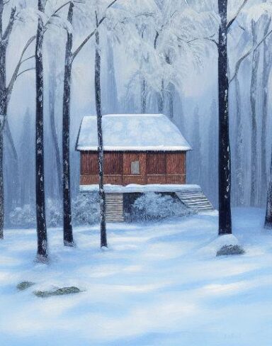 A painting of a house in a snowy forest with snow and trees