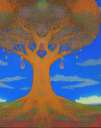 A painting of a huge tree with a blue sky in the background