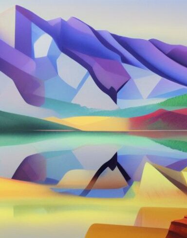 A painting of a lake with mountains in the background
