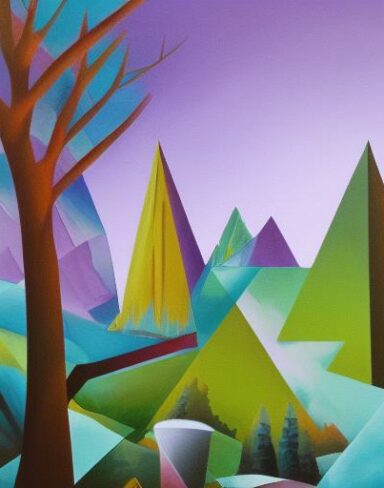 A painting of a landscape of trees in the background