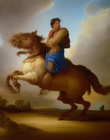 A painting of a man riding on the back of a horse in the village