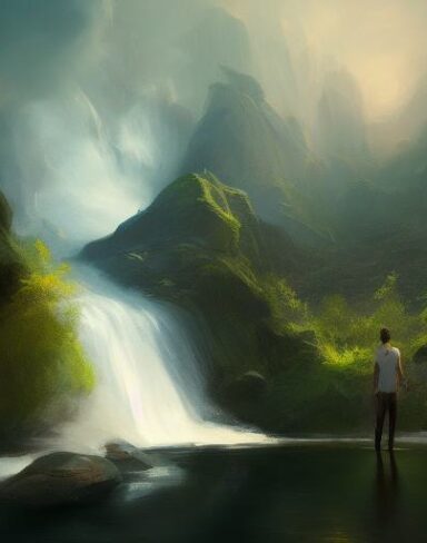 A painting of a man standing in front of a waterfall