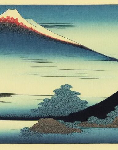 A painting of a mountain and a body of water