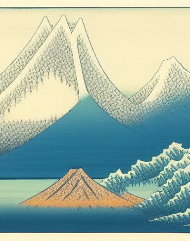 A painting of a mountain and a body of water