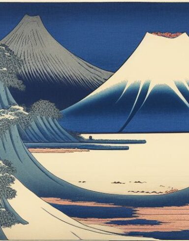 A painting of a mountain and a body of water