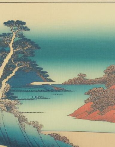 A painting of a mountain and a body of water