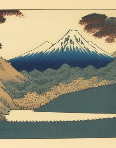 A painting of a mountain and a body of water
