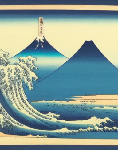 A painting of a mountain and a body of water