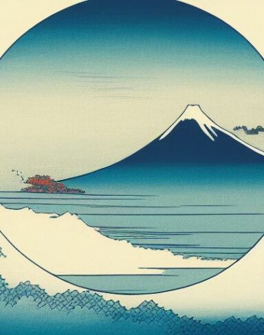 A painting of a mountain and a body of water