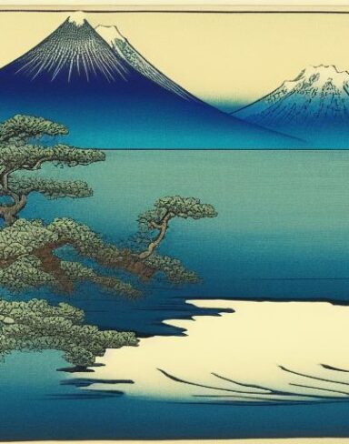A painting of a mountain and a body of water