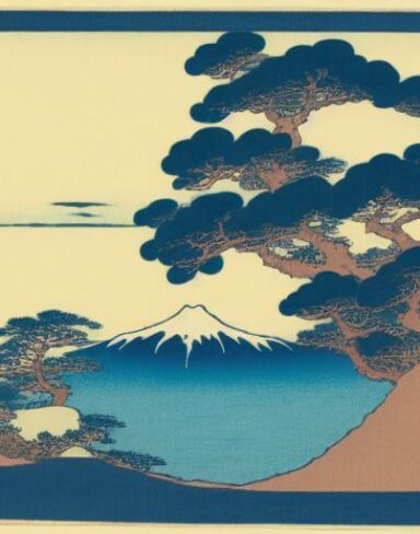 A painting of a mountain and a body of water