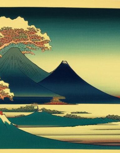 A painting of a mountain and a body of water