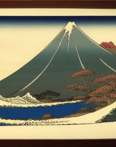 A painting of a mountain and a body of water