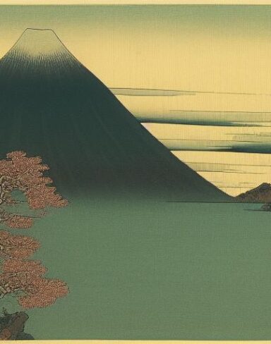 A painting of a mountain and a body of water