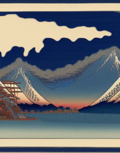 A painting of a mountain and a body of water