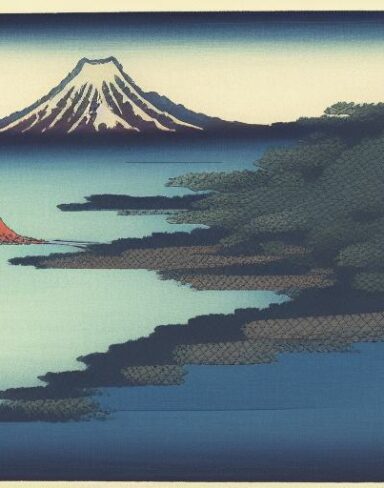A painting of a mountain and a body of water