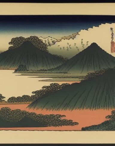 A painting of a mountain and a body of water