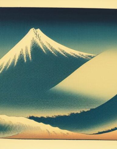 A painting of a mountain and a body of water