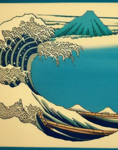 A painting of a mountain and a body of water