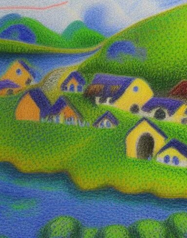 A painting of a river and house village