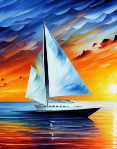 A painting of a sailboat with sunset and ocean