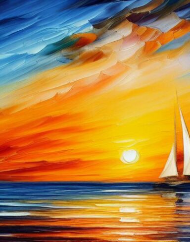 A painting of a sailboat with sunset in the sea