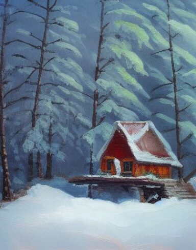 A painting of a small house in a snowy forest in winter season