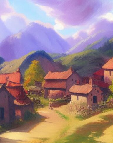A painting of a small village in the mountains