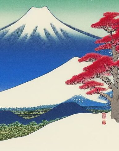 A painting of a snowy mountain with a tree in the foreground