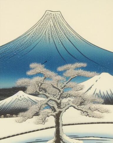 A painting of a snowy mountain with a tree in the foreground