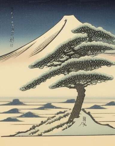 A painting of a snowy mountain with a tree in the foreground