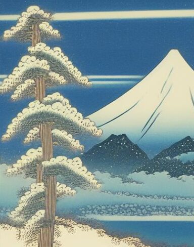 A painting of a snowy mountain with a tree in the foreground