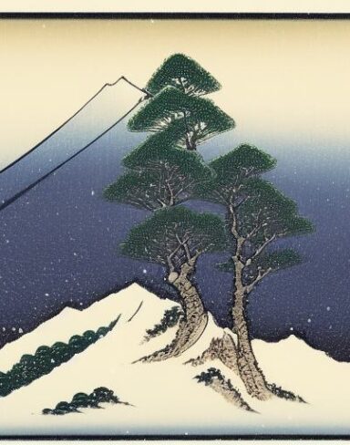 A painting of a snowy mountain with a tree in the foreground