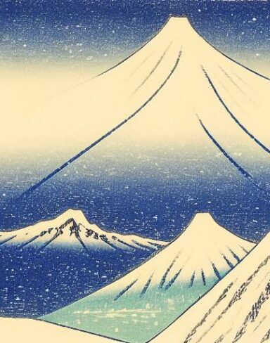 A painting of a snowy mountain with a tree in the foreground