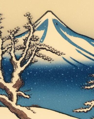 A painting of a snowy mountain with a tree in the foreground
