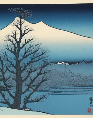 A painting of a snowy mountain with a tree in the foreground