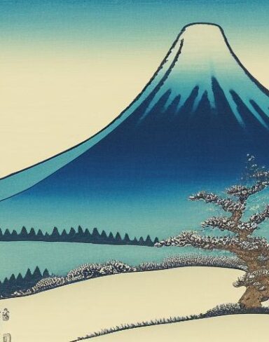 A painting of a snowy mountain with a tree in the foreground
