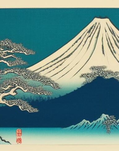 A painting of a snowy mountain with a tree in the foreground
