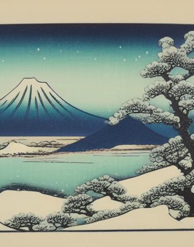 A painting of a snowy mountain with a tree in the foreground