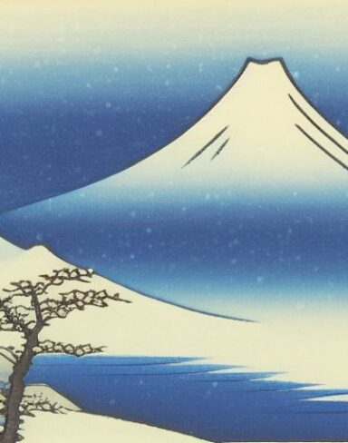 A painting of a snowy mountain with a tree in the foreground